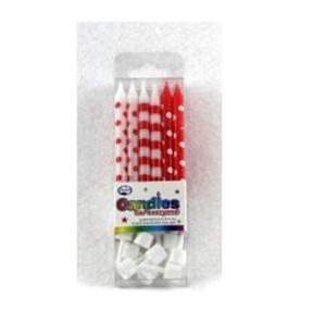 Candles Dots & Stripes Red Pk/12