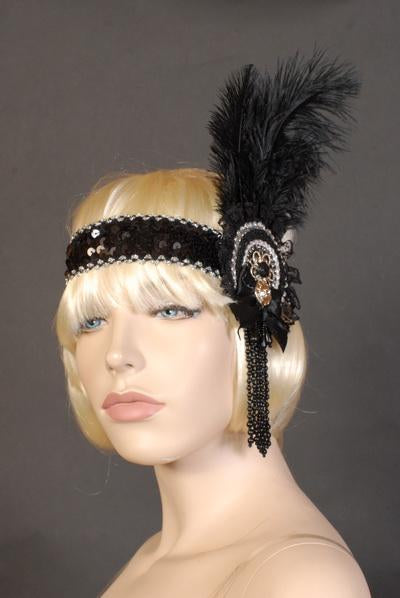 Headband Flapper Deluxe Black & Silver 1920s Feather
