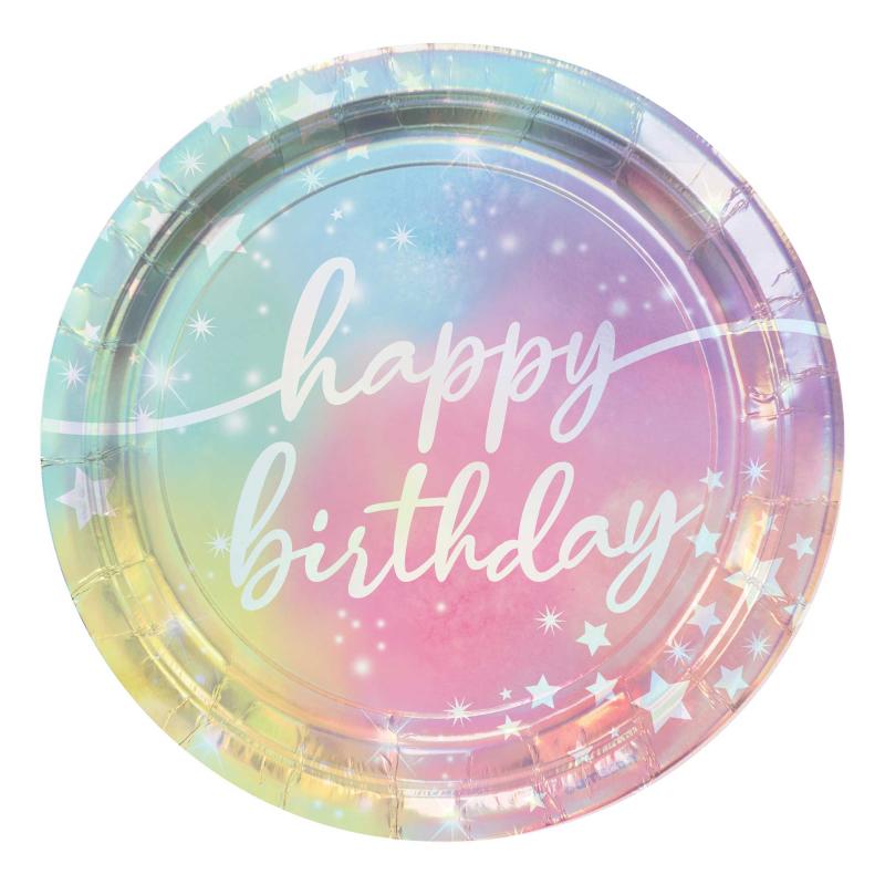 Plates Paper Iridescent Luminous Happy Birthday 17cm Pk/8