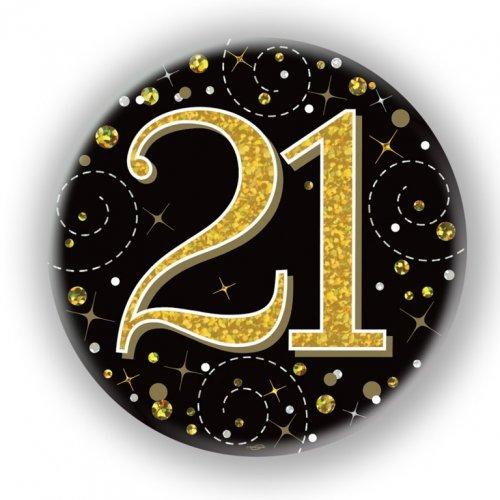 Badge 21st Birthday Sparkling Fizz Black/Gold 75mm Twenty-One