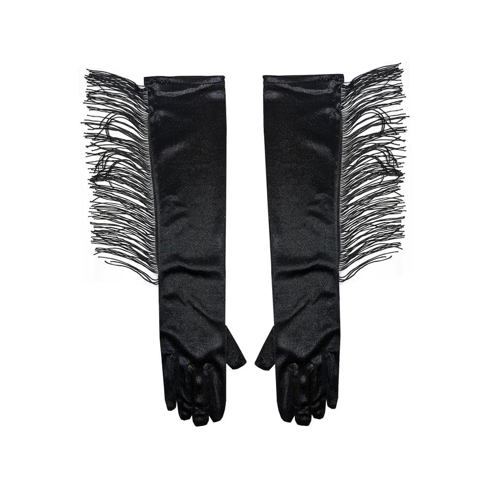 Gloves Western Cowgirl Black Satin With Fringe/Tassels