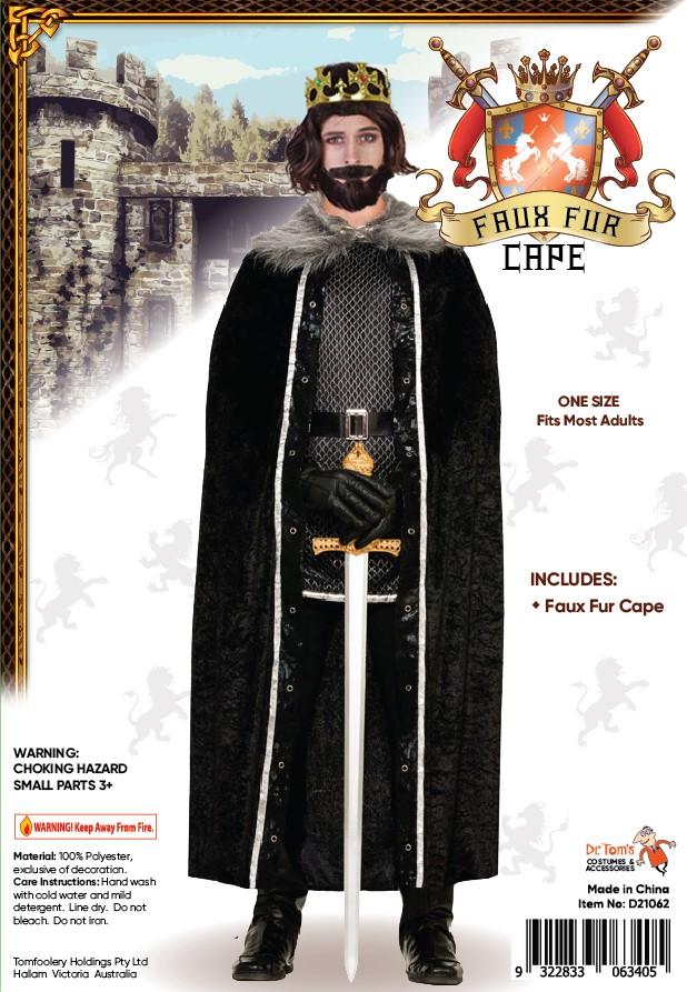 Costume Adult Cape Black Faux Fur Trim King/Knight/Viking