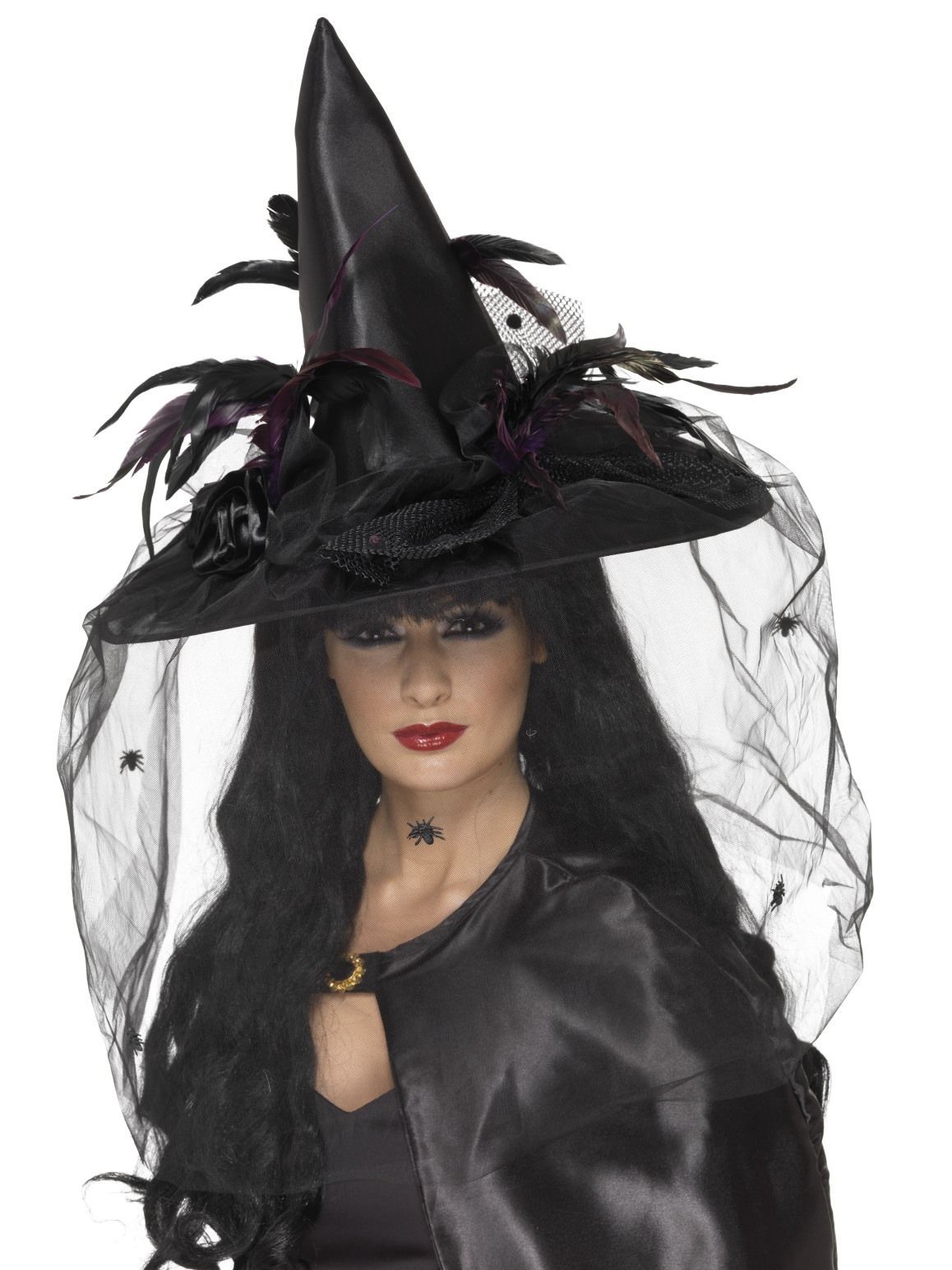 Hat Witch Black Adult Deluxe With Feathers And Netting