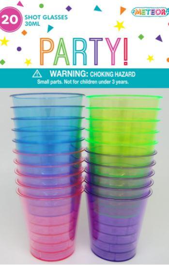 Shot Glasses Plastic 30ml Pk/20 Assorted Neon Colours