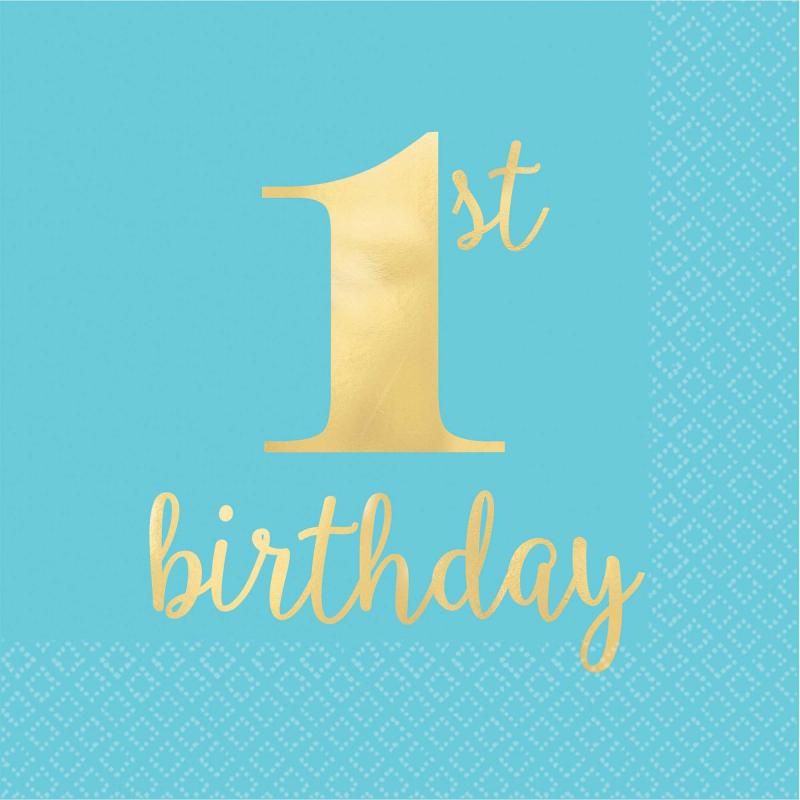 Blue 1st First Birthday Beverage Napkin Pk16