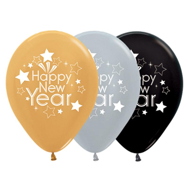 Balloons Latex 30cm Happy New Year Pk/25 Silver/Gold/Black Assorted