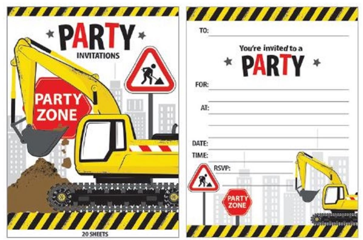 Party Invitation 20 Sheet Pad Construction Trucks/Diggers