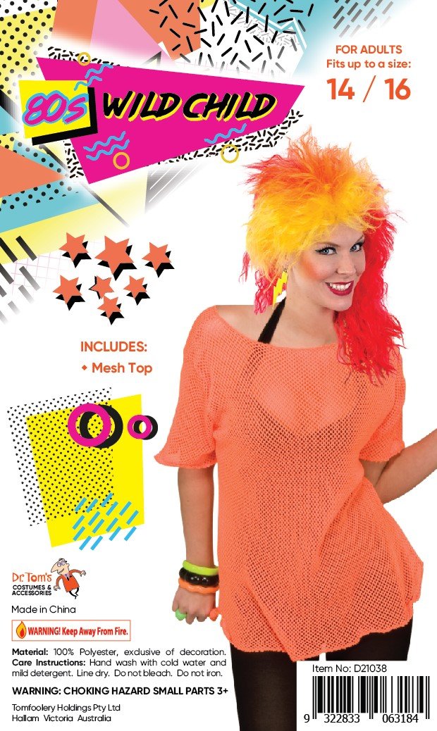 Costume Adult Mesh Top Neon Orange Adult 1980s Large