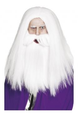 Wig & Beard Set Long White Wizard