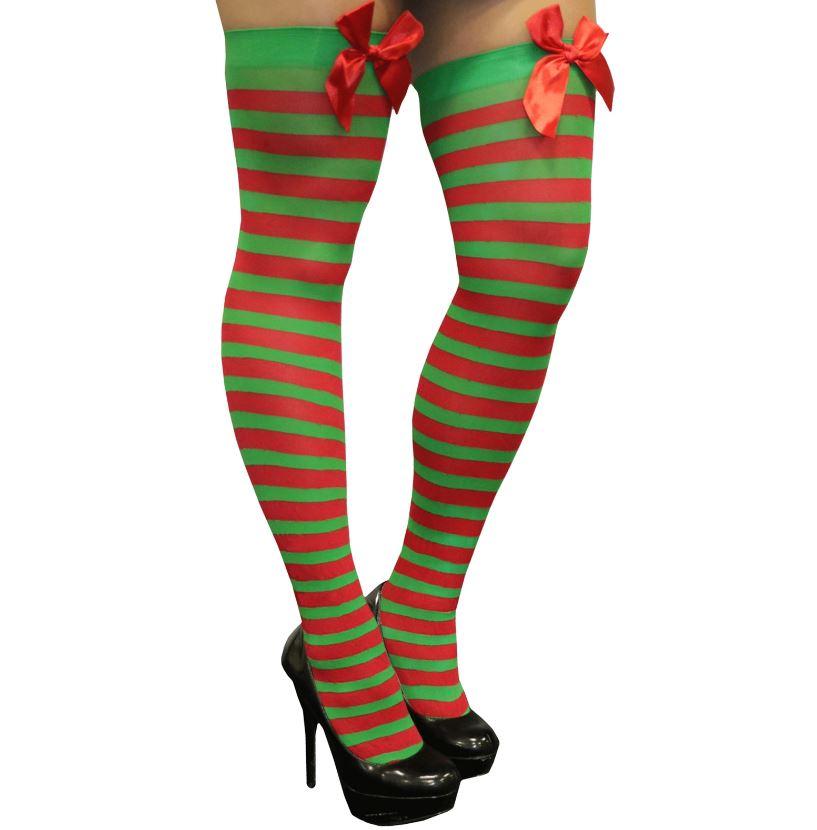 Stocking Thigh High Red/Green Stripe With Red Bow