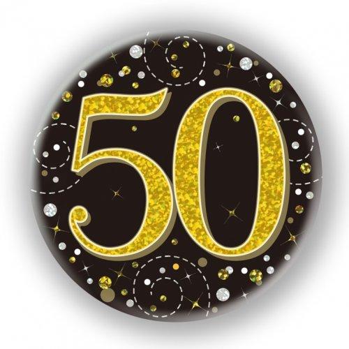 Badge 50th Birthday Sparkling Fizz Black/Gold 75mm Fifty