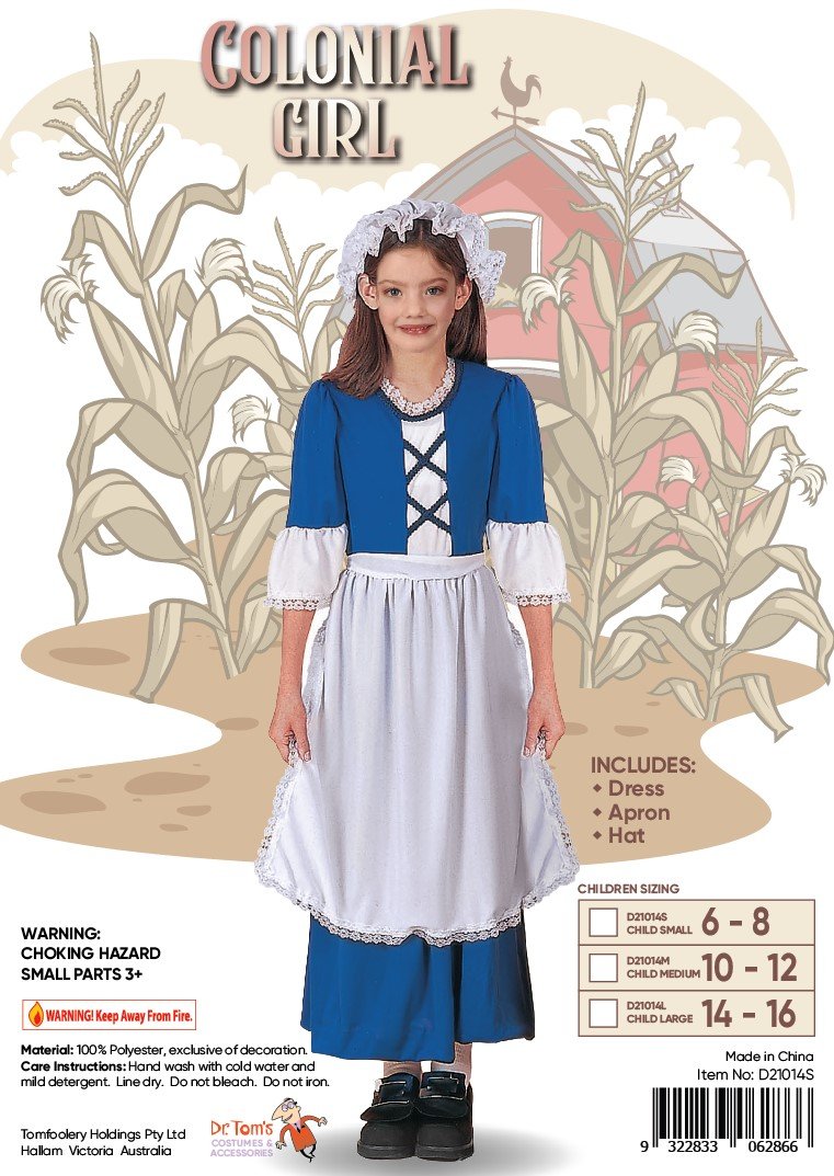 Costume Child Colonial Girl Xlarge Dress Apron & Hat 14-16 Years