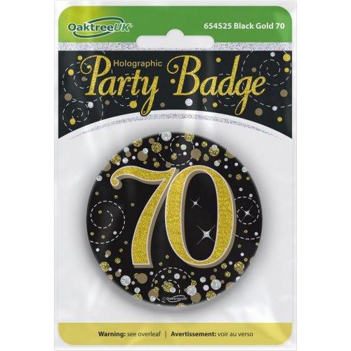 Badge 70th Birthday Sparkling Fizz Black/Gold 75mm Seventy