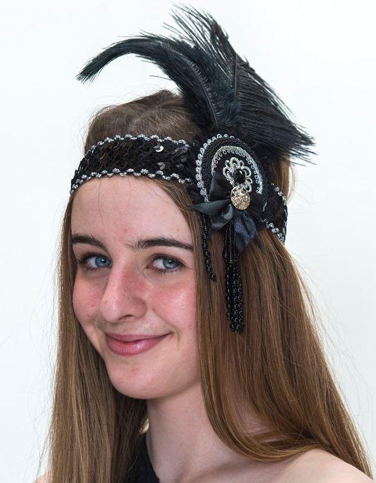 Headband Flapper Deluxe Black & Silver 1920s Feather