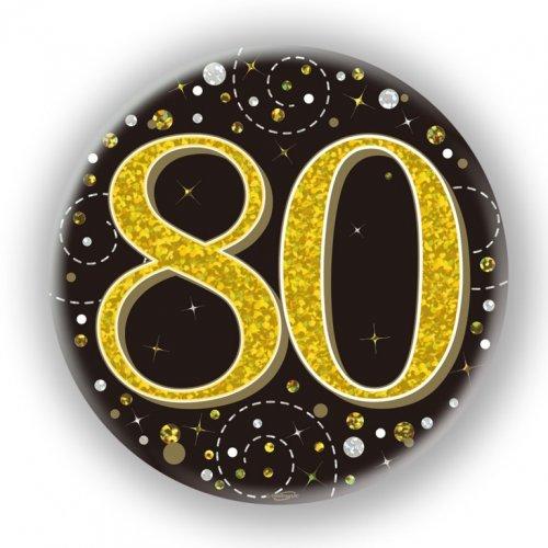 Badge 80th Birthday Sparkling Fizz Black/Gold 75mm Eighty