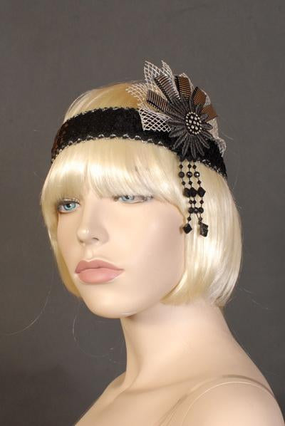 Headband Flapper Deluxe Black & Silver 1920s Flower & Tulle