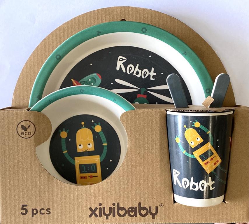 Gift Baby Dinner Set Round Robot Design Made From Bamboo Fibre Discontinued