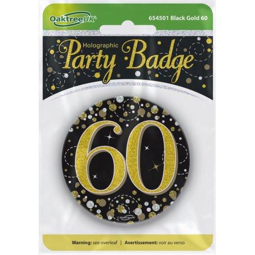 Badge 60th Birthday Sparkling Fizz Black/Gold 75mm Sixty