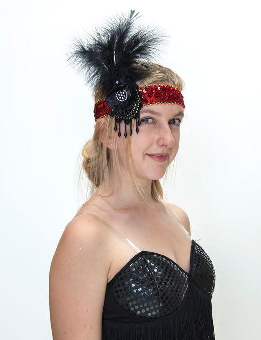 Headband Flapper Deluxe Red & Black 1920s Black Feather