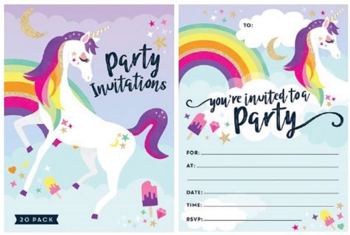 Party Invitation 20 Sheet Pad Unicorn Rainbow
