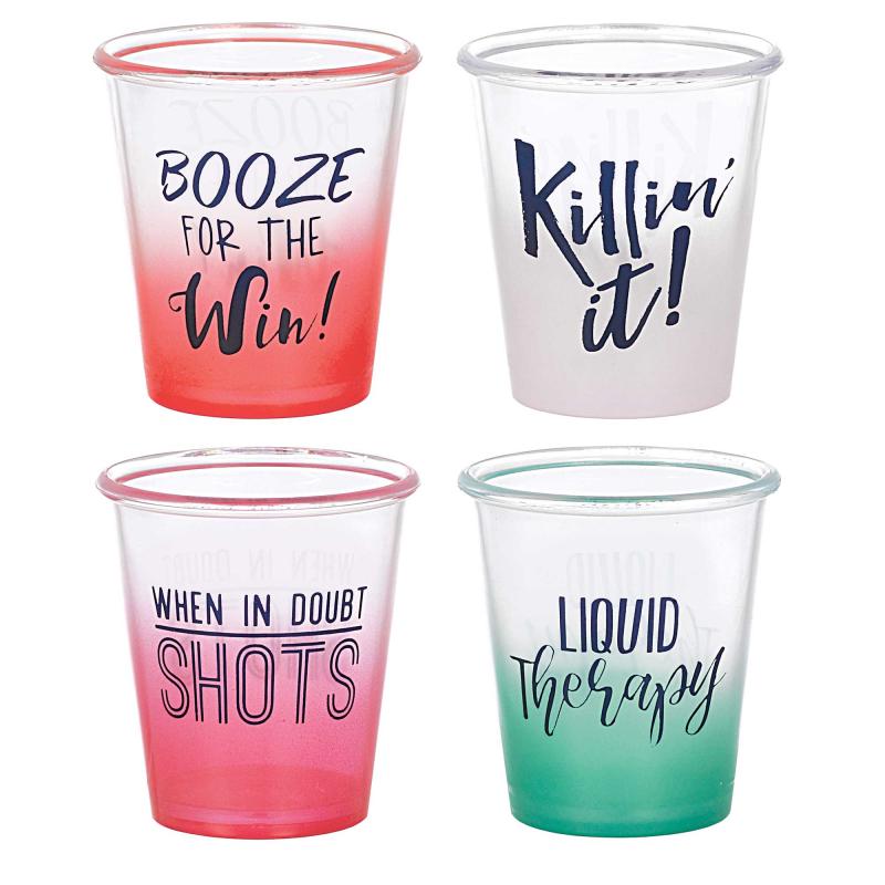 Shot Glasses Printed Messages On Clear Plastic 44ml Reusable Pk/4